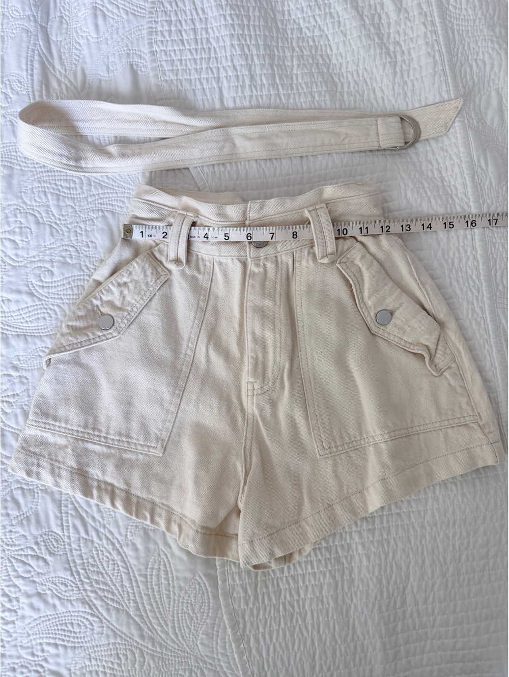 SUNCOO Paris Kabil Denim Shorts Women’s (34) US 2/XS Cream Belted High Rise